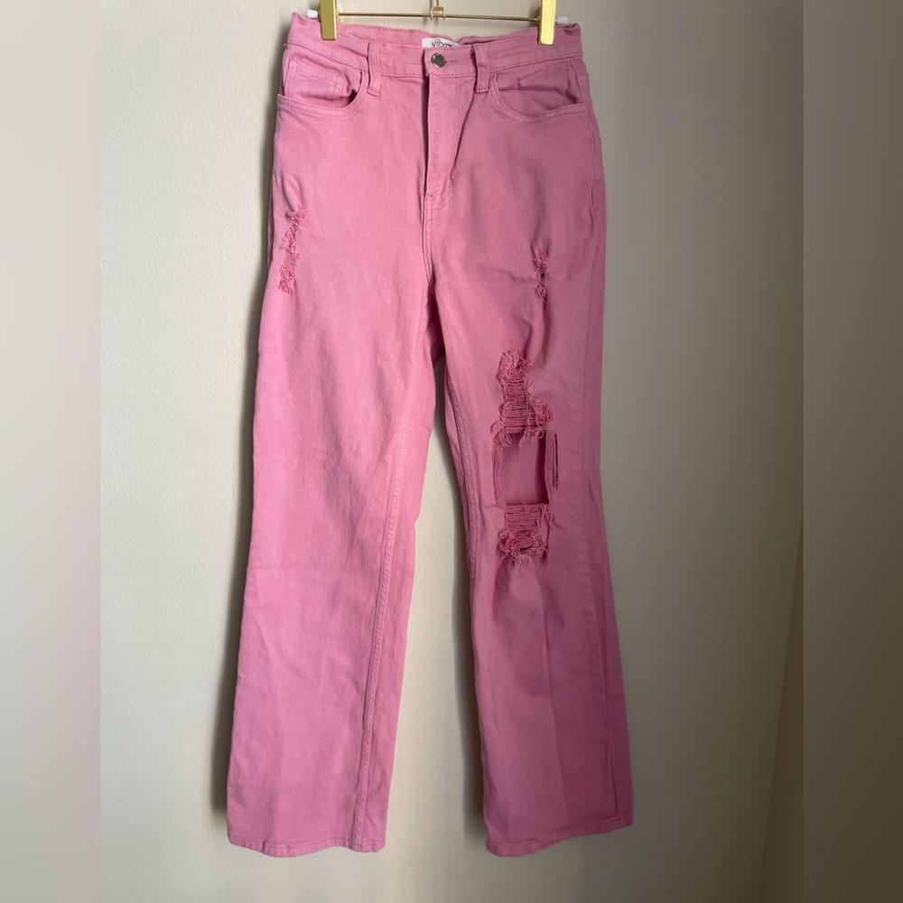 Pink Distressed Wide Leg Jeans